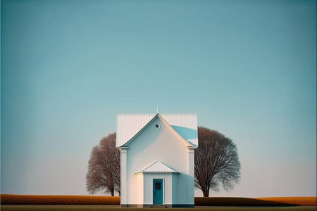 White church with blue sky and trees in the background. Toned.の素材