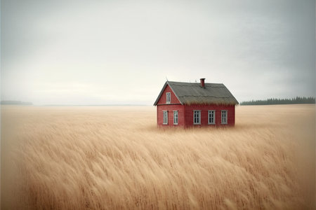 Abandoned red house in a field of dry grass. conceptual imageの素材