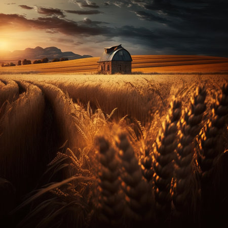 Rural scene with barn and wheat field at sunset. Toned.の素材