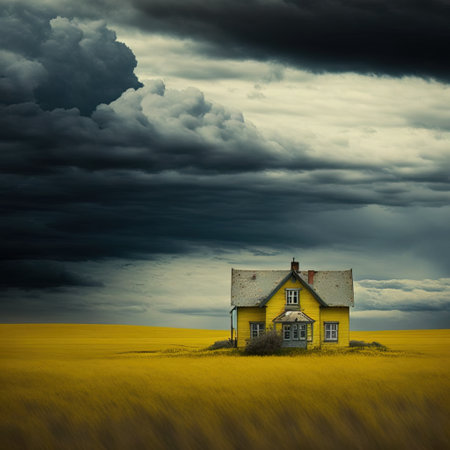 Stormy weather over a yellow house in the middle of a yellow fieldの素材