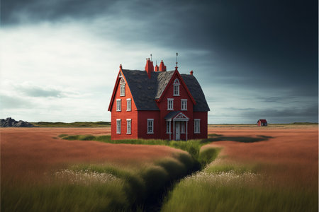 Red house in the middle of a wheat field. 3d renderの素材