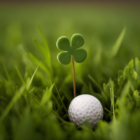 Golf ball with a clover leaf on a green grass backgroundの素材