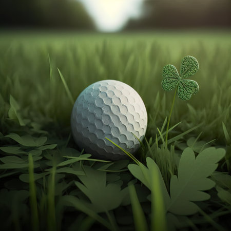 Golf ball with clover leaf on green grass, close upの素材