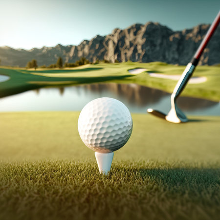 Golf ball and golf club on the green grass. 3d renderの素材