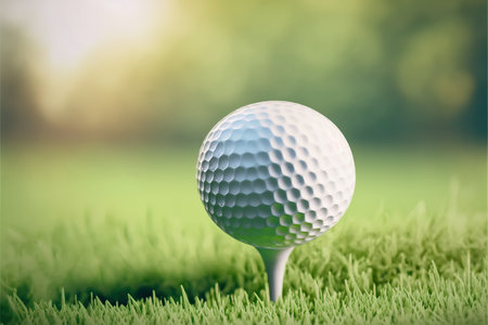 Golf ball on green grass with bokeh background, golf conceptの素材