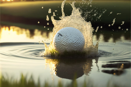 Golf ball splashing into the water. 3D illustration.の素材