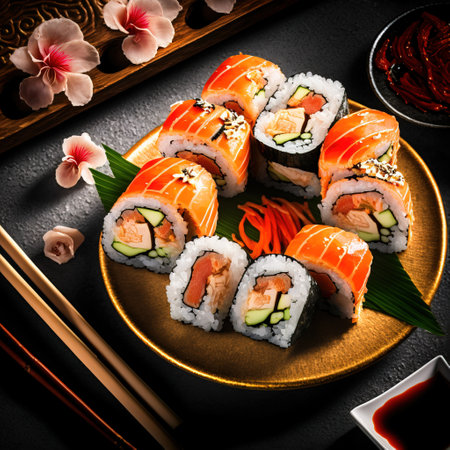 Sushi roll with salmon, cream cheese and cucumber on a black backgroundの素材