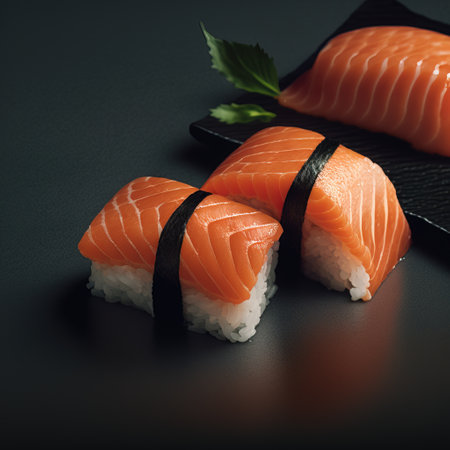 Salmon nigiri sushi on black background. Japanese food style.の素材