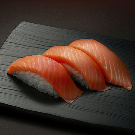 Salmon Sushi on black slate background. 3D Renderの素材