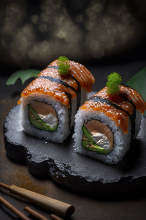 Sushi roll with salmon, avocado and cucumber on black backgroundの素材