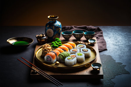 Sushi set with chopsticks and soy sauce on dark background.の素材