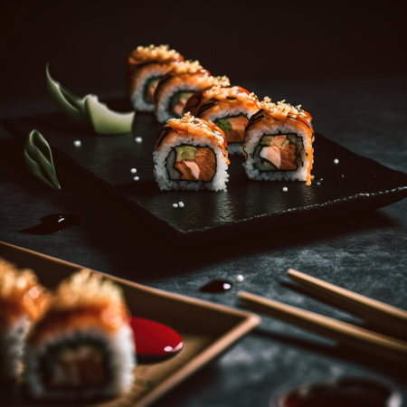 Sushi roll with salmon, avocado and cucumber on black backgroundの素材