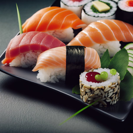 Sushi Set with Sashimi and Nigiri Sushi Rolls on Black Plateの素材