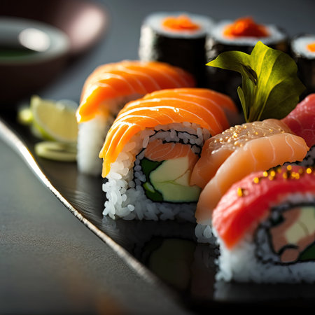 Sushi set with salmon, tuna, eel, caviar, avocado, cream cheese, cucumber, wasabi and ginger on black backgroundの素材