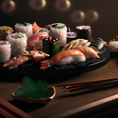 Sushi set on a black plate with chopsticks on a dark backgroundの素材