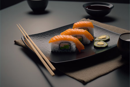 Salmon sushi with chopsticks and soy sauce on a black backgroundの素材