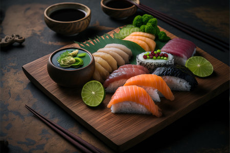 Sushi set on a wooden plate, japanese food styleの素材