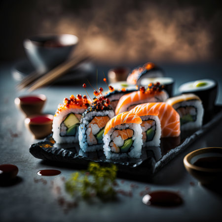 Sushi rolls with salmon, caviar and cream cheese on black background.の素材