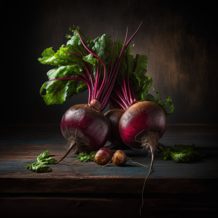 Fresh beetroots with leaves on a wooden table. dark background.の素材