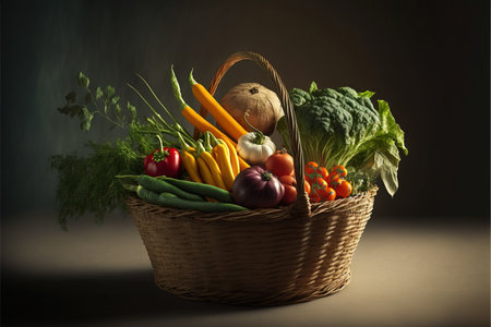 Basket of fresh vegetables on dark background. Healthy food concept.の素材
