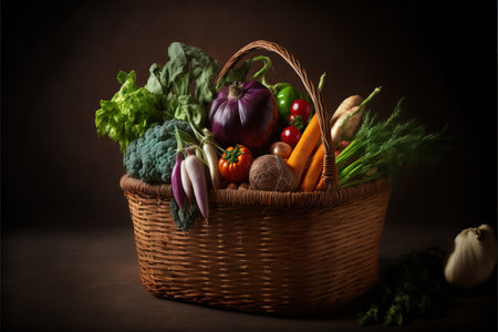 Basket full of fresh vegetables on dark background. Healthy food concept.の素材