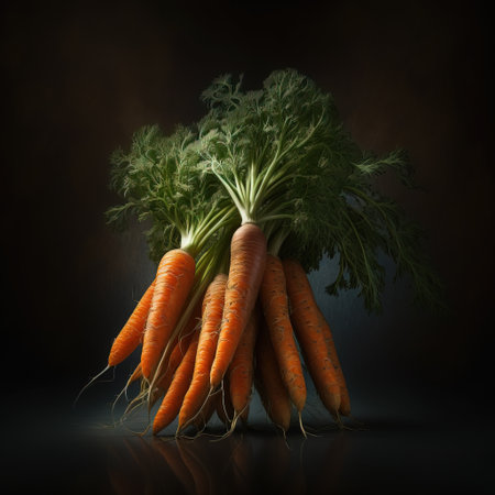 Bunch of fresh carrots with green leaves on dark background. 3d illustrationの素材