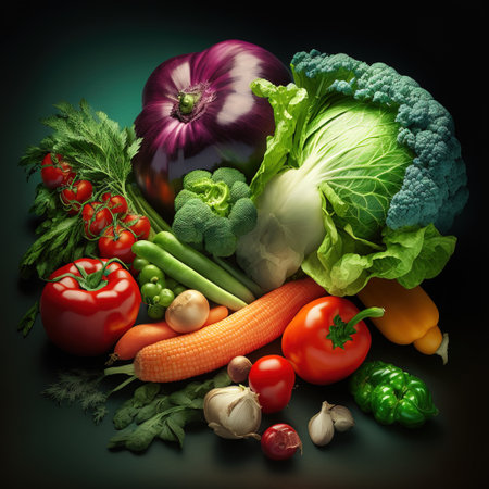 Composition with variety of fresh vegetables on dark background. Balanced dietの素材