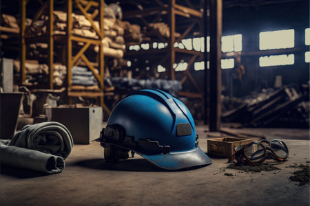 Safety helmet and safety belt in warehouse. Industrial background. Selective focus.の素材