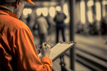 Worker in orange overalls writing on clipboard at train station.の素材