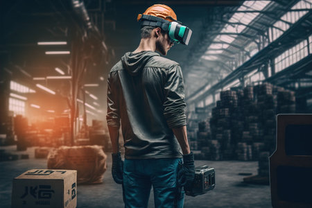 Warehouse worker wearing virtual reality goggles in warehouse. This is a freight transportation and distribution warehouse. Industrial and industrial workers conceptの素材