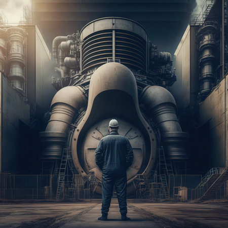 Engineer in front of a big industrial engine. 3d renderの素材