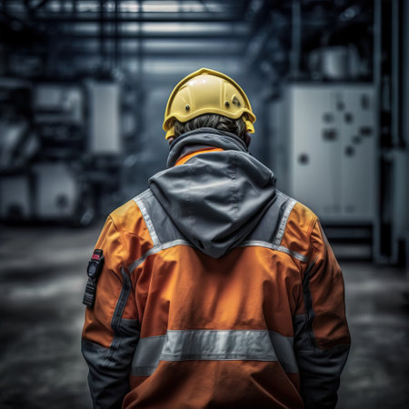 Industrial worker in safety helmet and reflective vest standing in a factoryの素材