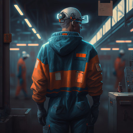 Engineer in a gas mask and goggles on the background of an industrial factory.の素材
