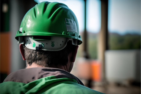 Close-up of a construction worker wearing a green safety helmet.の素材