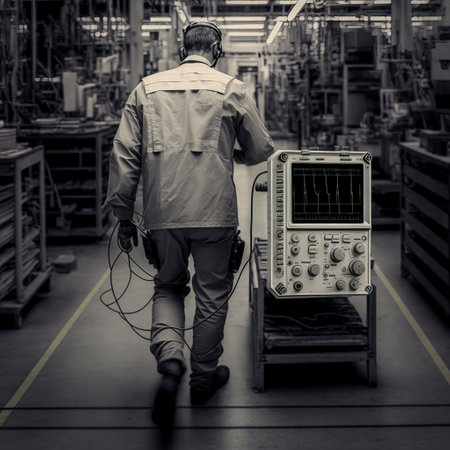 Engineer working in a factory. Black and white image with shallow depth of fieldの素材