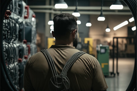 Rear view of young man standing in warehouse and looking at racks with serversの素材