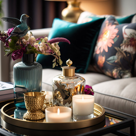 Candle holder with burning candles on the table in the living roomの素材