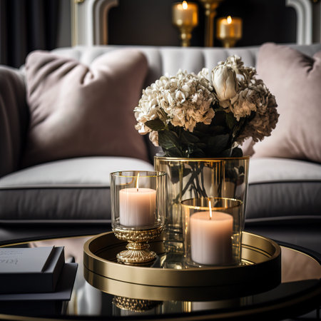 Beautiful hydrangea flowers in glass vase with candles on table in living room interiorの素材