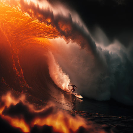 Surfer in ocean wave at sunset. 3d render illustration.の素材