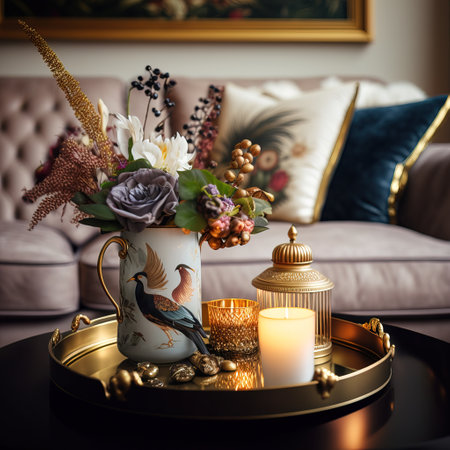 Cozy living room interior with golden candlestick, candles and flowers.の素材