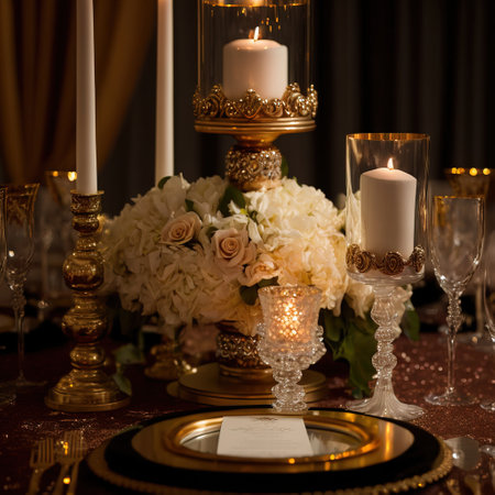 Wedding table setting with candles and flowers. Luxury interior.の素材