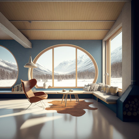 Interior of a living room with a large window overlooking the winter landscape. 3d renderの素材