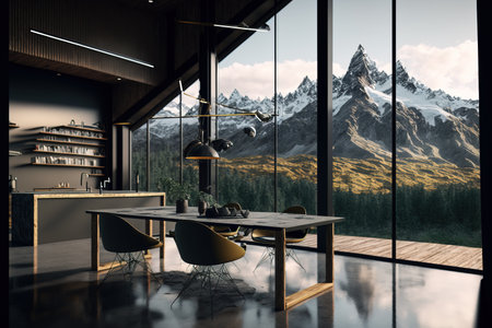 Interior of modern dining room with stone walls, wooden floor, black table with yellow chairs and mountain view. 3d renderの素材