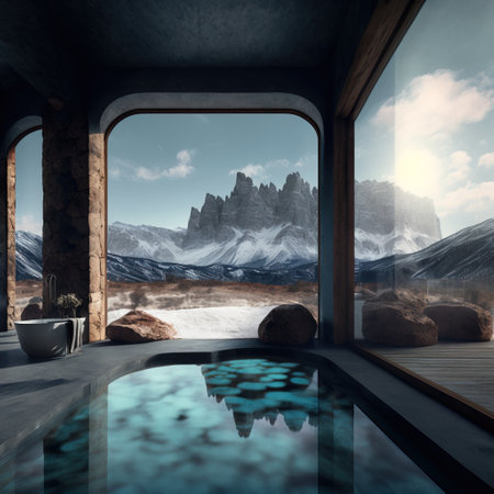 Interior of a room with a large window overlooking the mountains. 3d renderの素材