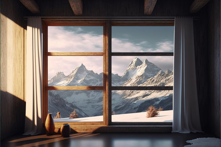 Mountain landscape through a window in the room. 3d renderの素材