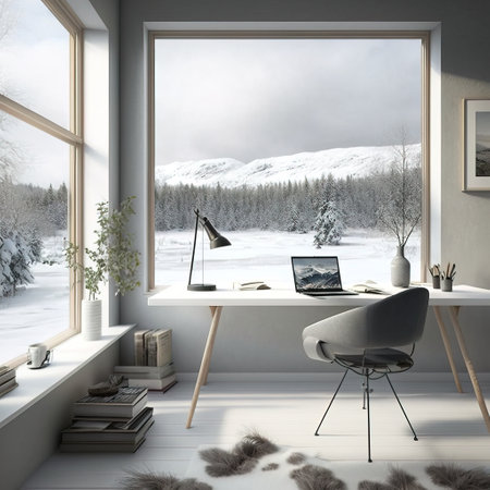 Interior of modern office with winter landscape. 3D render.の素材