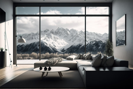 Interior of modern living room with mountains view. 3D Renderの素材