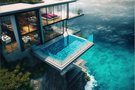 3d rendering of modern cozy house with swimming pool and sea viewの素材