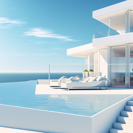 3d rendering of modern white villa with pool and sea viewの素材
