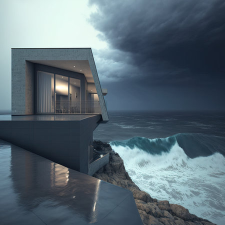 3d render of house on the beach with ocean view and cloudy skyの素材